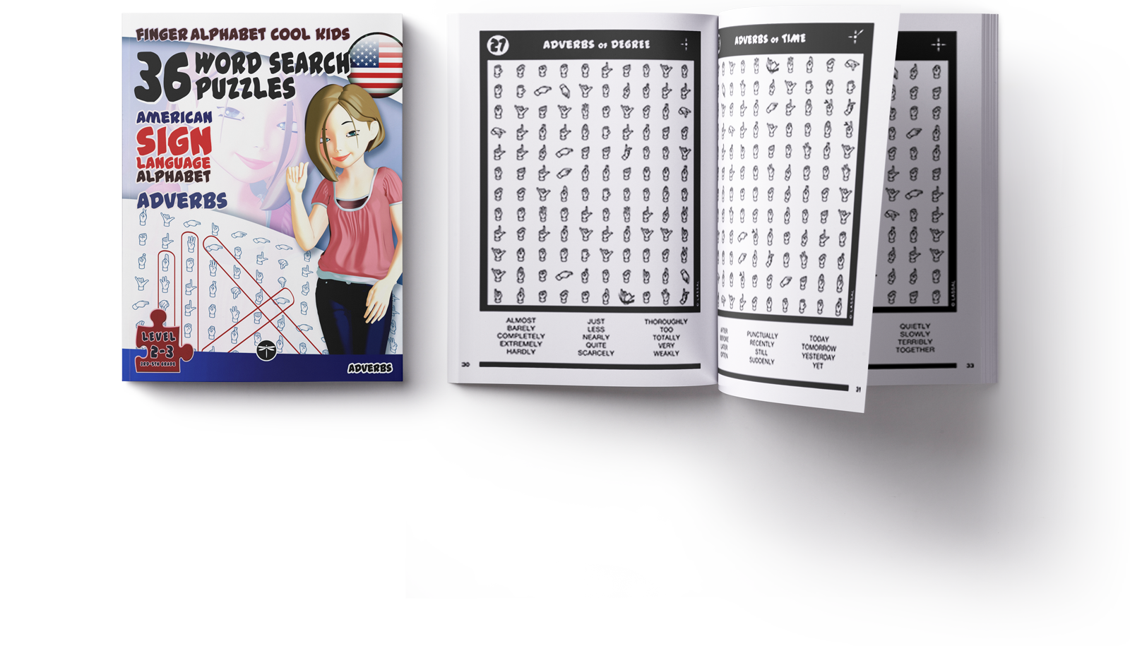 FingerAlphabet Cool Kids: Adverbs, front cover and an open book showing puzzle grids and word lists