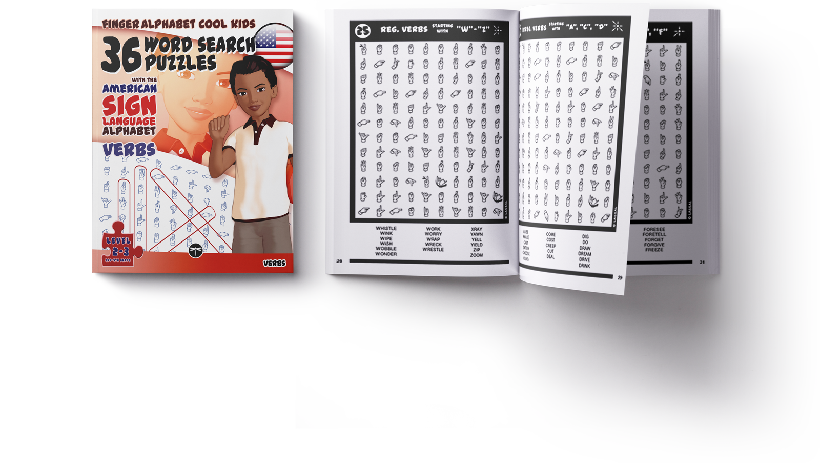 FingerAlphabet Cool Kids: Verbs, front cover and an open book showing puzzle grids and word lists