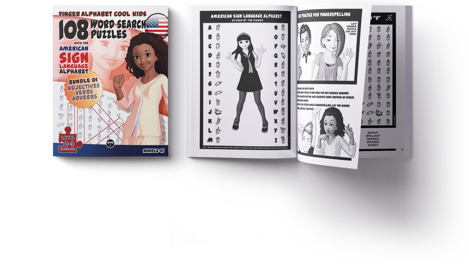 ingerAlphabet Cool Kids Omnibus, front cover and an open book showing the ASL alphabet chart, illustrated fingerspelling tips, and a puzzle page