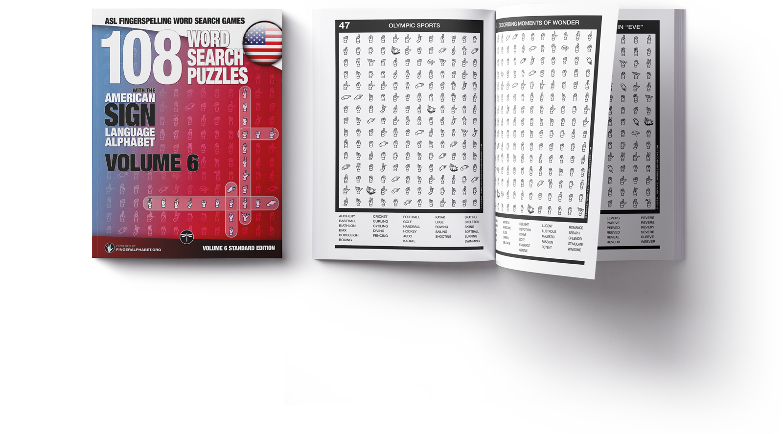 ASL Fingerspelling Word Search Games, Volume 6, front cover and an open book showing puzzle grids and word lists