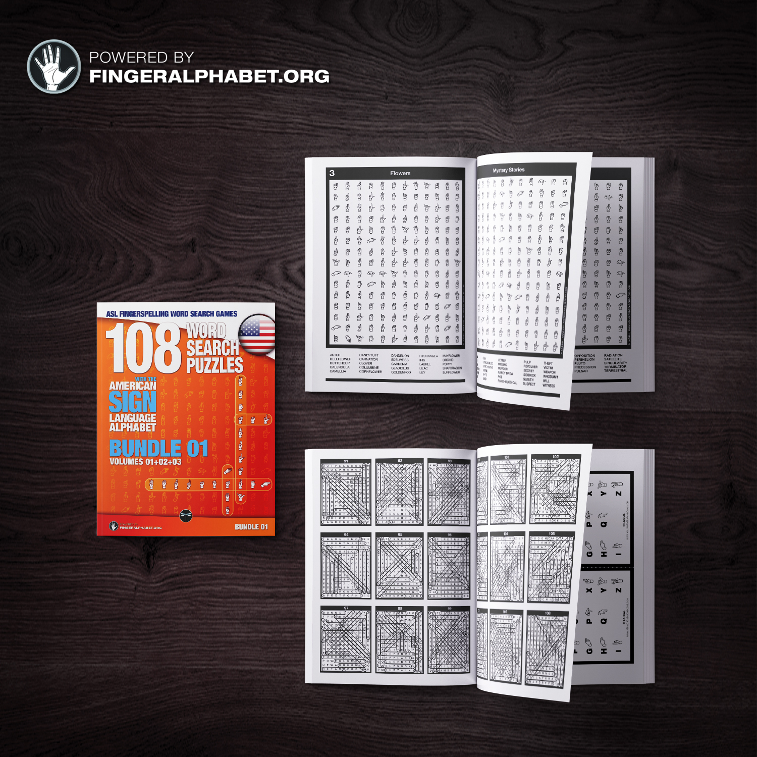 Volume 4 with two open books showing puzzle grids in ASL hand shapes and the solution pages