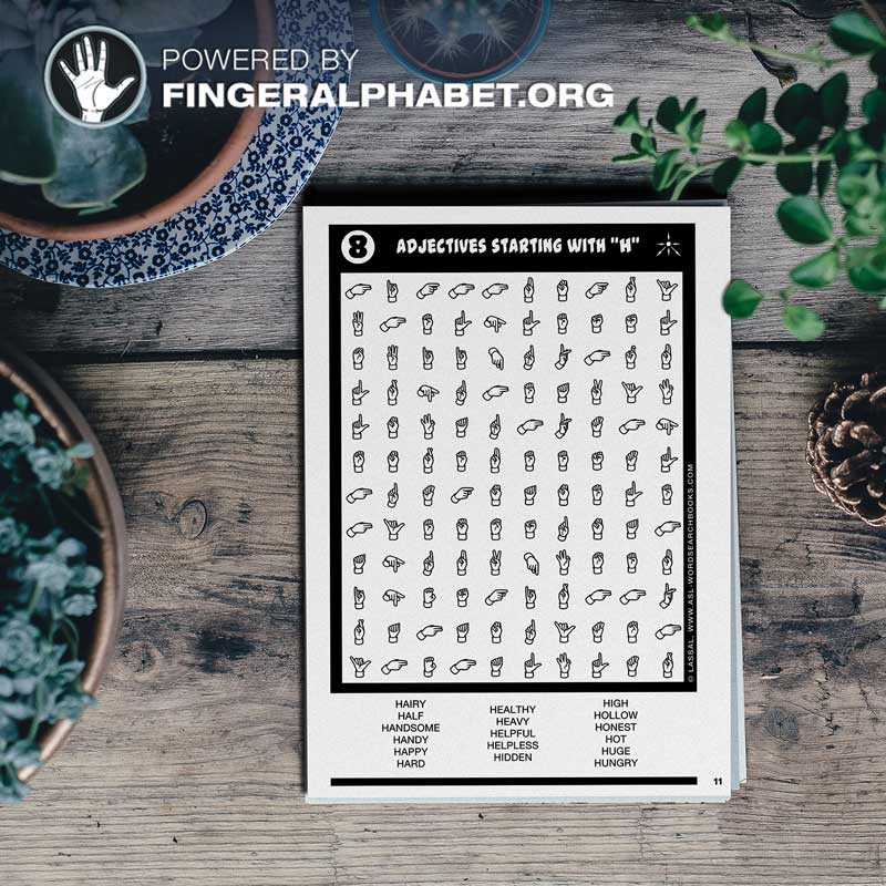 A FingerAlphabet Cool Kids puzzle page with a clear grid of ASL hand shapes and the word list in regular letters
