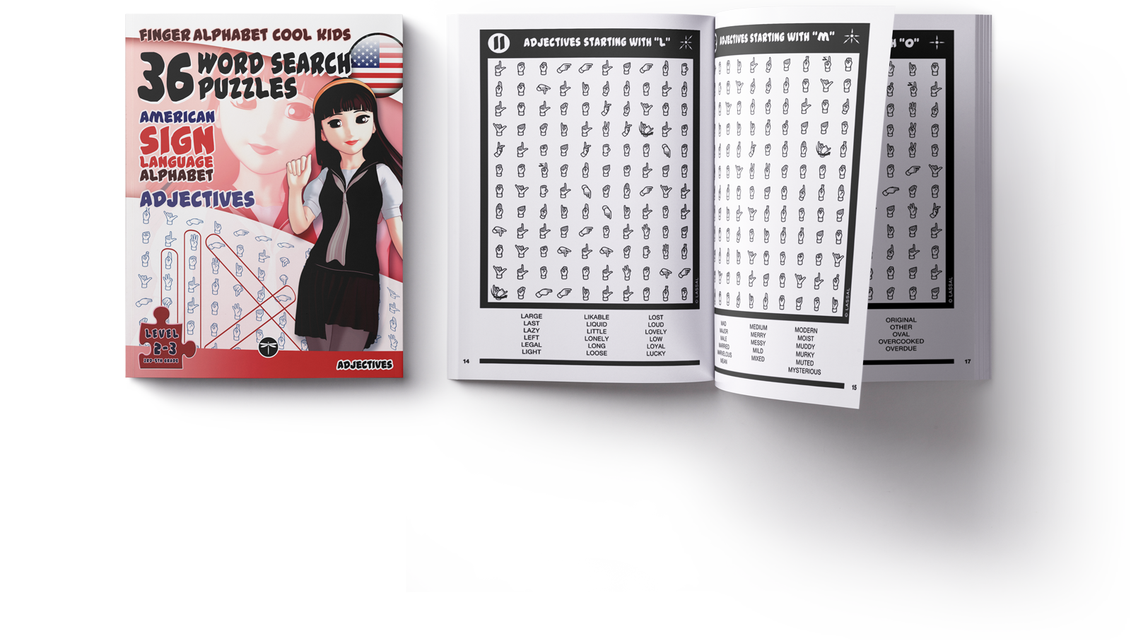 FingerAlphabet Cool Kids: Adjectives, front cover and an open book showing puzzle grids and word lists