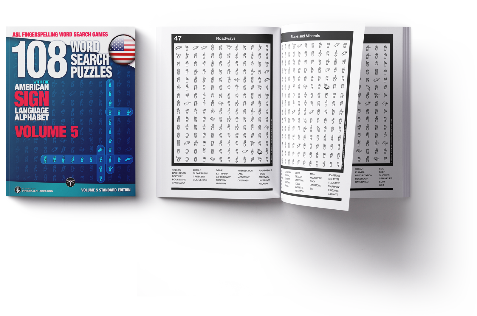 ASL Fingerspelling Word Search Games, Volume 5, front cover and an open book showing puzzle grids and word lists