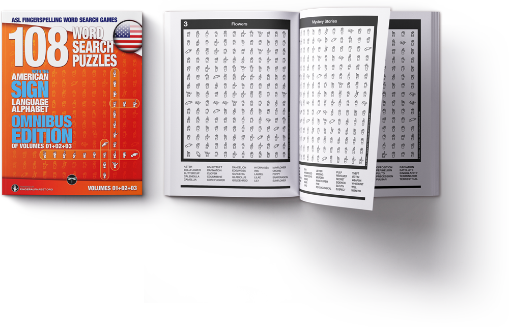 ASL Fingerspelling Word Search Games, Volume 4, front cover and an open book showing puzzle grids and word lists