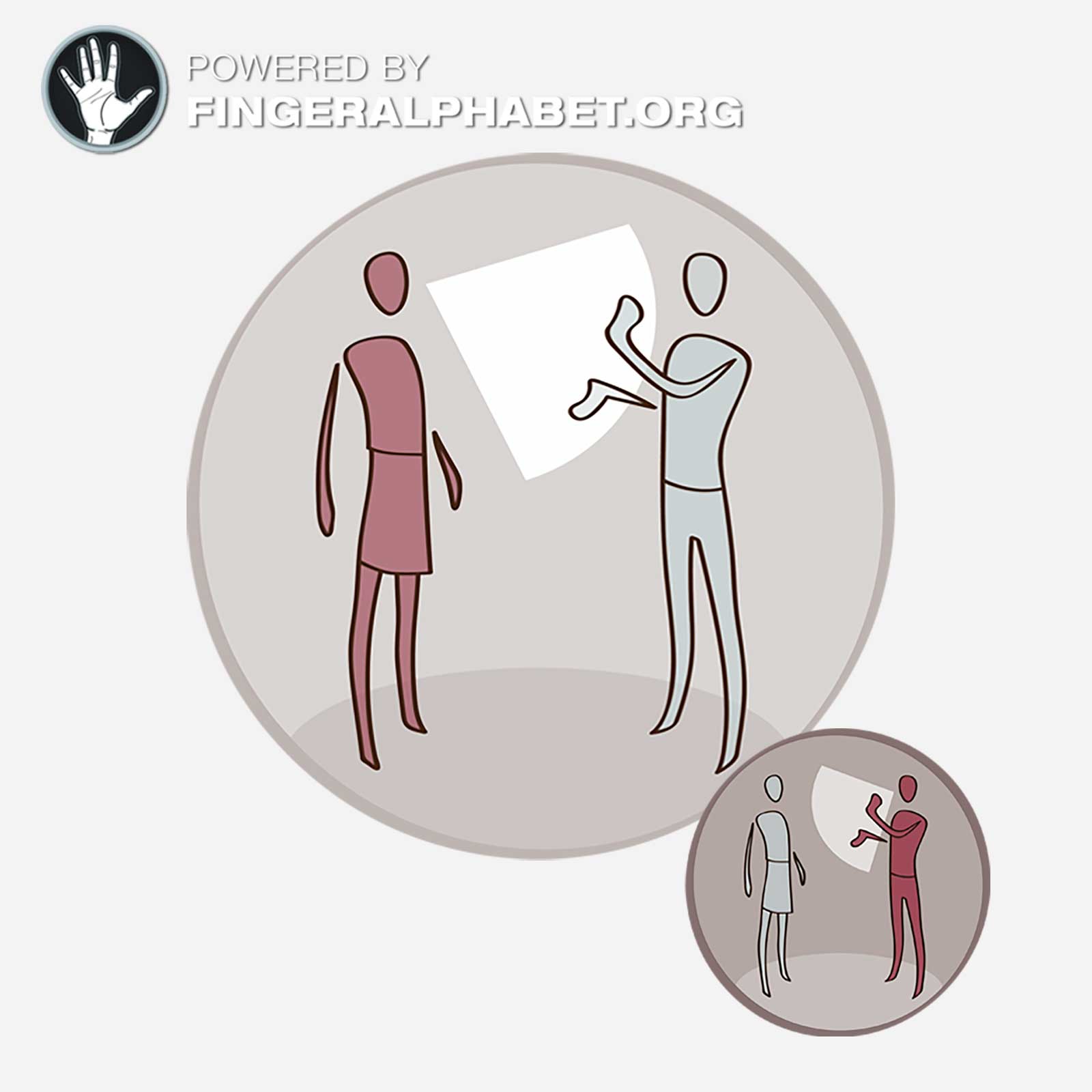 Illustration of two people facing each other: one signs while the other watches and sees the signing hand from the front. A small inset shows the same scene with the roles swapped