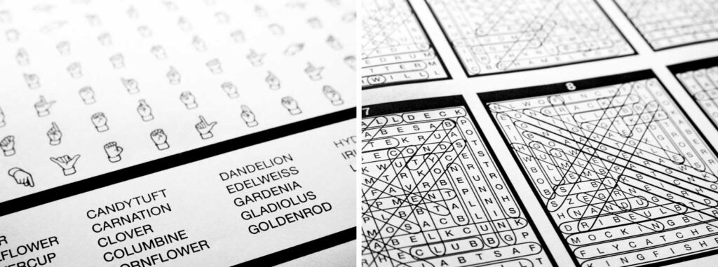 Inside an ASL word search book: a word list with each word shown in ASL fingerspelling handshapes, and solved puzzle grids with the found words circled.